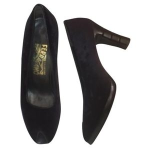 Salvatore Ferragamo Black Velvet Leather Open Peekaboo Toe Pumps Platforms 8.5